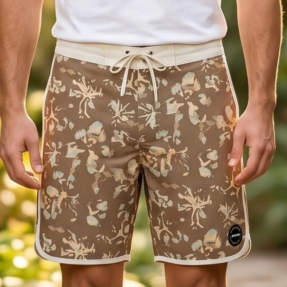 prAna Mens Brown Abstract Floral Scalloped Hem Board Shorts Swim Trunks 28/06